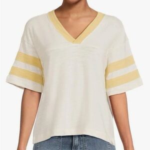 Faherty Off-White V-Neck Short Sleeve Varsity Top with Yellow Stripe Accents